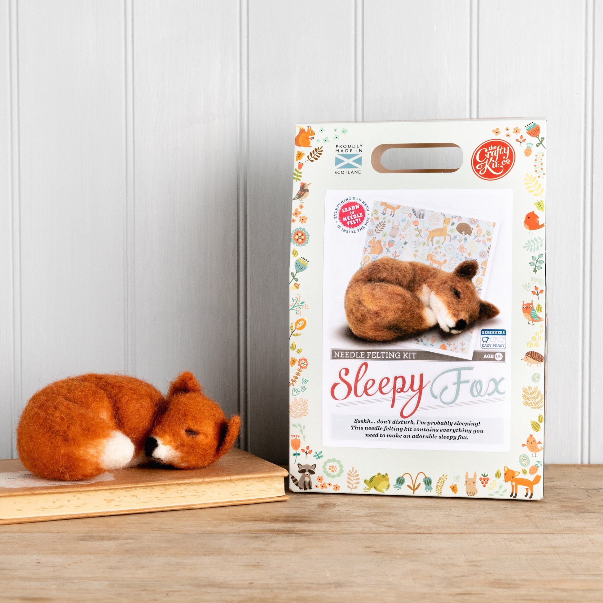 The Crafty Kit Company Sleepy Fox Needle Felting Kit, finished fox and box