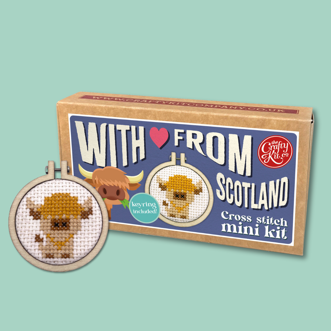With Love from Scotland (Highland Cow) Mini Matchbox Cross Stitch Kit